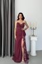 Burgundy Polka Dot Flounce Slit Strapless Evening Dress