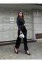 Black Shawl Detailed Satin Tie-Back Blouse and Shalwar Trousers Set - 1381