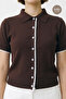 Polo Collar Front Buttoned Lace Trim Slim Knitwear Blouse - 3