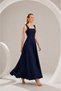 Women's Square Neck Thick Strap Ankle Length Satin Evening Dress - 4