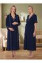 New Season Navy Blue Button Detailed Ribbed Design Short Sleeve 100% Cotton Maternity Nightgown Set of 2 - 4