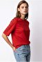 2166 Women's Stone Detailed Crew Neck Short Sleeve Blouse Red - 2
