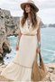 Pearl-Trimmed and Jute Ribbon Epaulette Sleeveless Bohemian Organic Textured Crinkle Fabric Skirt Lined Double Breasted V-Neck Crop Blouse Ruffled Long Boho Bohemian Holiday Chic Skirt Set Two-Piece Set - 3
