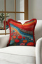 Floral Patterned Artistic Fringed Pillowcase - Poppy Modern Blue Burgundy Tassel Throw Pillow Cover - 4