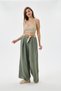Women's Khaki Italian 100% Linen Straw Belted Pleated Wide Leg Linen Trousers 40 - 46 Size