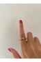 Black Enamel Stone Hexagonal Stone Detailed Gold Adjustable Steel Ring - 2