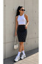 Stone Decorated Corded Midi Skirt Black
