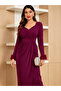 Burgundy Faux Fur Cuff Sheath Midi Dress - 3
