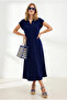 Women's Navy Blue Polo Collar Pocket Modal Buttoned Flowy Dress Elb-19002667 - 2