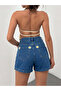 Women's High Waist Daisy Embroidered Blue Denim Jeans Shorts
