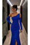 Cobalt Blue One-Shoulder Stone Detailed Slit Fish Tail Evening Dress 583412 - 6