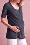 Maternity Indigo Blue Textured Viscose Double Breasted V-Neck Short Sleeve Inner Undershirt Breastfeeding Blouse Jimena - 3