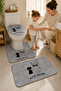 Non-Slip Based Washable 3-Piece Toilet Set Gray Bath Mat – Modern Cat Pattern Bathroom Rug - 2