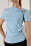 Women's Modal Brooch Detailed Draped Short Sleeve Blouse - 2