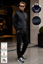 Black Suede Detailed Tracksuit Set with Stand Collar, Standard Fit, Zipper Pockets, Men's Top and Bottom Set - 2