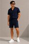 Men's Crepe Fabric Breathable Short Sleeve Shirt Pocket Shorts Top and Bottom Set - Navy Blue