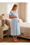 New Season Blue Summer Linen Detailed Special Design Buttoned Short Sleeve 100% Cotton Maternity Nightgown - 8