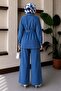 Pearl Detailed Belted Denim Suit Light Blue 6166 - 5