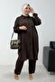 67063 Plus Size Jacquard Strawberry Pants Suit with Side Slit Detail - Brown