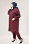 67063 Plus Size Jacquard Strawberry Pants Suit with Side Slit Detail - Burgundy - 4