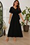 Women's Short Sleeve V-Neck Long Viscose Dress with Elastic Waist - 2