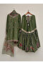 .Green Chinon Embroidered Sharara Suit Set - HRT7222 | Green-Size:M-38-Inches - 4