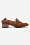 Fennisa Women's Genuine Leather Stone Detailed Short Heeled Loafer Shoes Tan Suede - 3