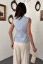 Women's Blue V-Neck Buttoned Waist-Fitted Vest with Fleto Pockets and Lining - 4