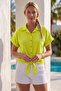 Yellow Shirt Collar Short Sleeve Buttoned Embroidered Hem Tie Casual Cotton Crop Woven Blouse 55 63 - 4