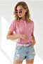 Women's Candy Pink Polo Collar Floral Pattern Openwork Knitwear Blouse Blz-19003383 - 5