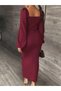 Women's Burgundy Long Sleeve Geometric Collar Side Slit Long Janjan Crepe Dress - 2