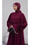Pearl-Embellished Sleeve Single Layer Crepe Burgundy Hijab Dress - 2