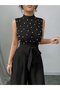 Women's Turtleneck Sleeveless Pearl Belted Waist Long Janjan Jumpsuit - 2