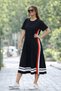 Women's Black Short Sleeve Crew Neck Midi Viscose Dress with Side Stripe Detail - 2