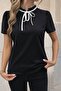 Women's Short Sleeve Ruffled Collar Lace-Up Janjan Crepe Blouse - 2