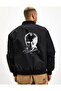 Unisex Long Sleeve Printed Bomber Jacket - Black - 3