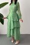 Women's Green Floral Patterned High Collar Long Sleeve Layered Maxi Dress with Waist Detail - 3