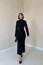Women's Black Maxi Dress Half Turtleneck Rose Applique Detailed Long Sleeve