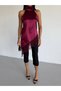 Women's Burgundy Halter Neck Lace Embroidered Asymmetrical Satin Blouse Hzl26S-Fry123901 - 2