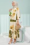 Green Half Buttoned Sleeves Elastic Skirt Layered Viscose Dress - 3