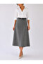 Belted Detailed Midi Length Loose Gray Plaid Patterned Woven Skirt