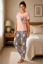 Cotton Combed Cotton Cat Printed Short Sleeve Crew Neck Striped Pajama Set - Powder - 4