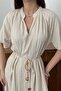 Women's Beige Maxi Dress V-Neck Short Sleeve Gathered Belted Slit - 4