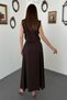 Women's Brown Vest Skirt Set Shirt Collar Crop Top Buttoned Long Skirt - 5