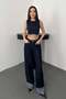 Women's Blue Denim Crop Blouse Round Neck Sleeveless Chain Detailed Zipper - 2