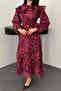Women's Plum Scarf Collar Floral Patterned Balloon Sleeve Lined Midi Dress - 4