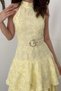 Women's Yellow Halter Neck Floral Embroidered Belted Layered Flounce Midi Dress - 4