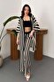 Women's Black Striped Knitwear Cardigan Trouser Set Open Front Short Sleeve Wide Leg - 2