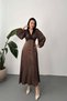 Women's Brown Polka Dot Lace Detailed V-Neck Long Sleeve Satin Maxi Dress
