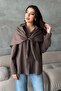 Women's Brown Shirt with Plaid Pattern, Oversized, Shawl Detail, Long Sleeve, Asymmetrical - 2